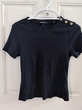 Veronica Beard Ribbed Short Sleeve Top S | Navy Gold Buttons